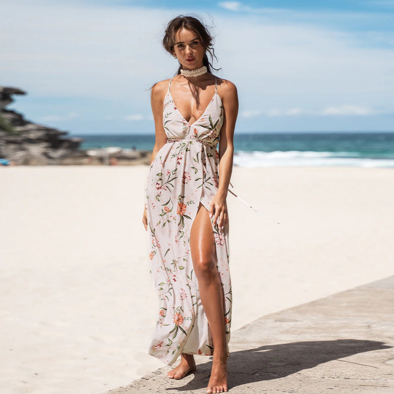 Floral Print Pleated V-Neck Backless A-line Split Maxi Sundress | iBuyXi Floral Print Pleated V-Neck Backless A-line Split Maxi Sundress | iBuyXi
