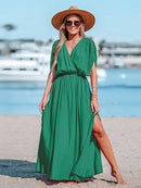Orange Surplice Ruched Maxi Dress For Women Sexy Elasticized Waist Short Sleeve Long A-line Beach Dress 2023 Summer Sundress, ibuyxi.com