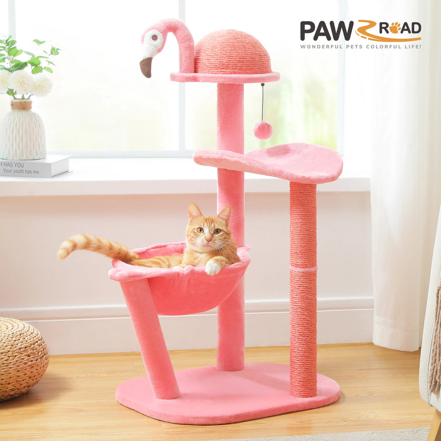 Flamingo Pink Cat Tower with Hammock