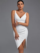 White Spaghetti Strap Draped Bodycon Dress, iBuyxi.com