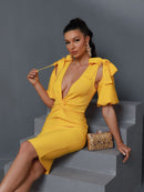 Draped Deep V Neck Yellow Bodycon Outfit, ibuyxi.com