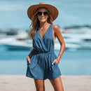 Blue V-neck Sleeveless Romper For Women Sexy Loose High Waist Short Playsuit One-piece 2023 Summer Bodysuit Jumpsuit Overalls, ibuyxi.com