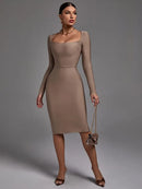 Khaki Long Sleeve Bandage Evening Dress