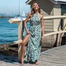 Green Tropical Leaf Print Halter Maxi Dress For Women Sexy Elasticized Waist Long Beach Holiday A-line Dress Summer Sundress, ibuyxi.com