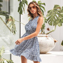 Navy Floral Halter Backless Mini Dress For Women Sexy V-neck Sleeveless A-line Holiday Beach Dress 2023 Summer Female Sundress, ibuyxi.com