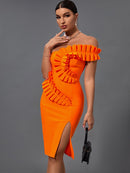 High Quality Orange Ruffle Bandage Dress, ibuyxi.com