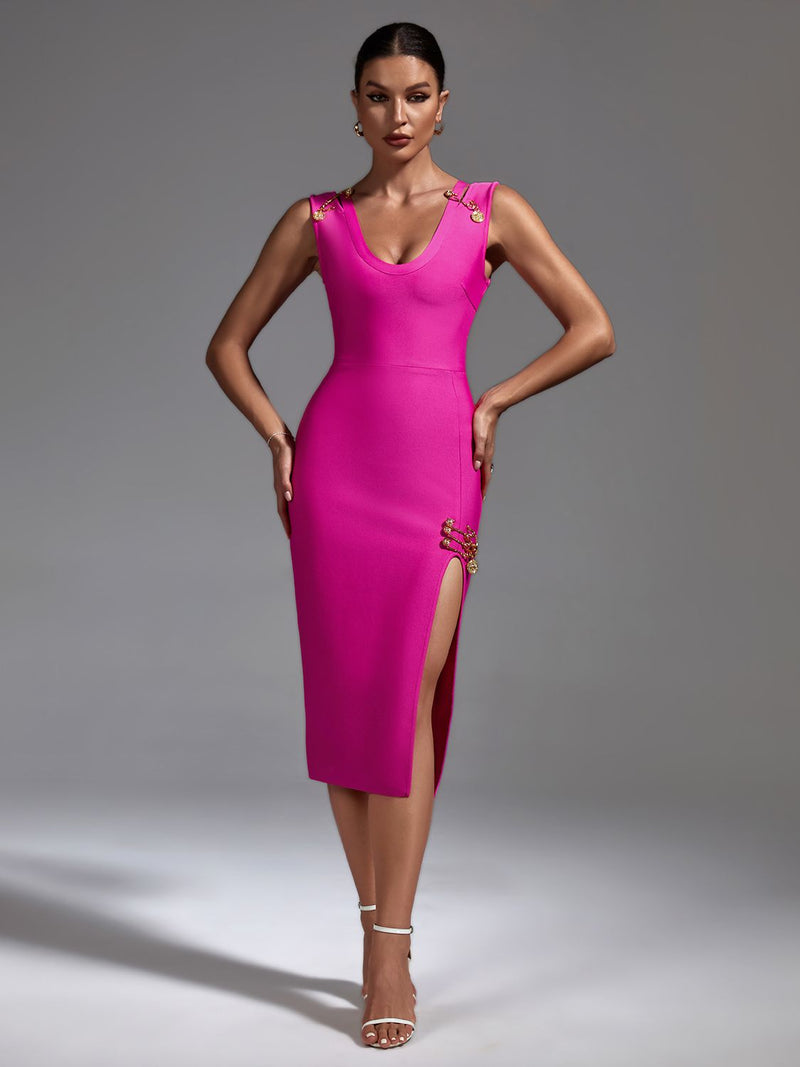 Pink Embellished High Split Bandage Dress, ibuyxi.com