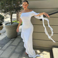 Off-shoulder Backless Sleeveless Ruffle Thigh High Split Maxi Dress, ibuyxi.com