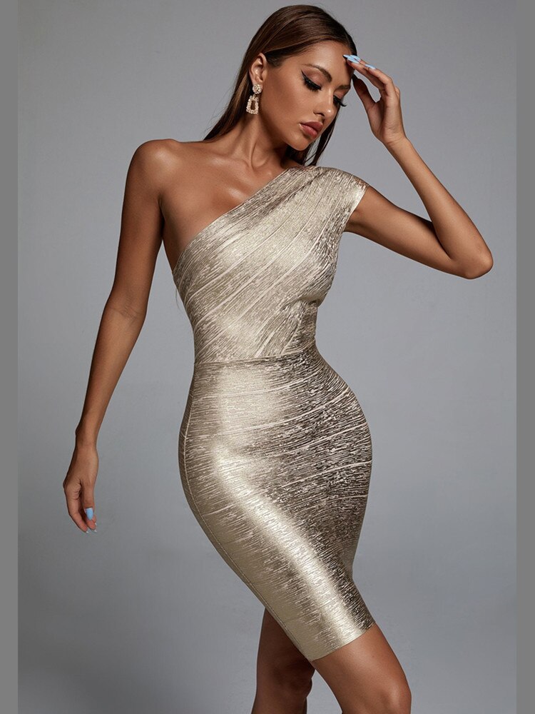 Elegant Metallic One Shoulder Mini Dress, ibuyxi.com