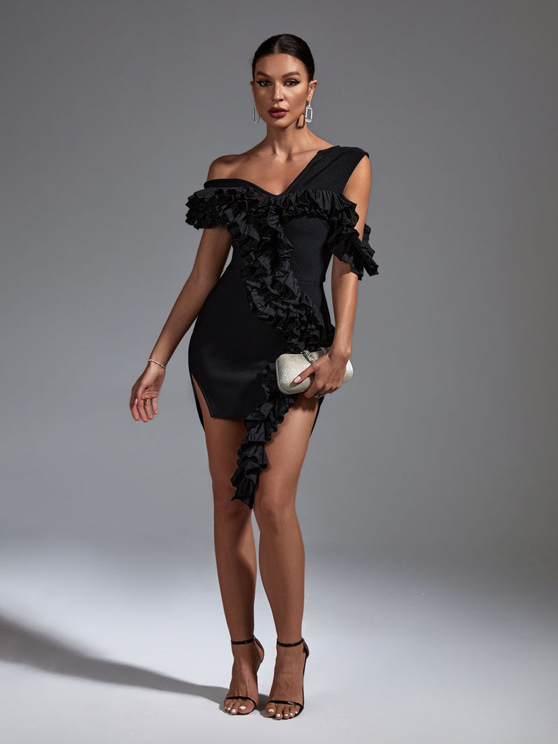 Black Ruffle One Shoulder Bodycon Dress, ibuyxi.com