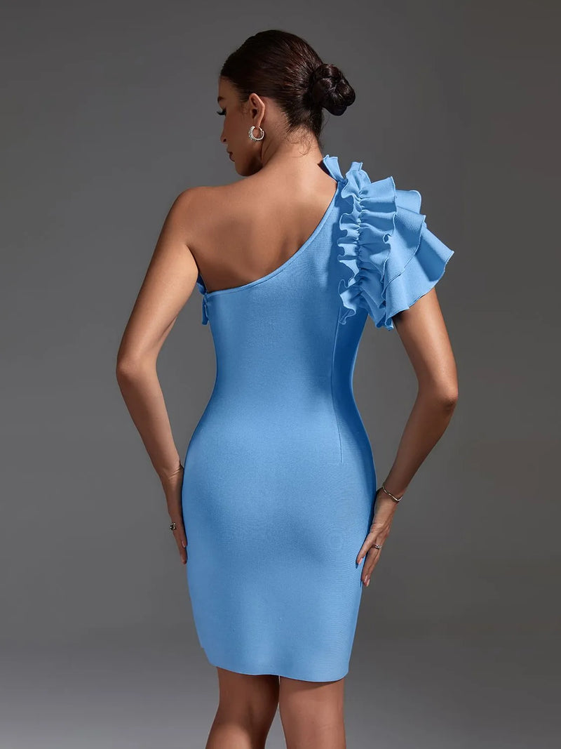 Elegant Blue Ruffle One Shoulder Bodycon Dress, ibuyxi.com