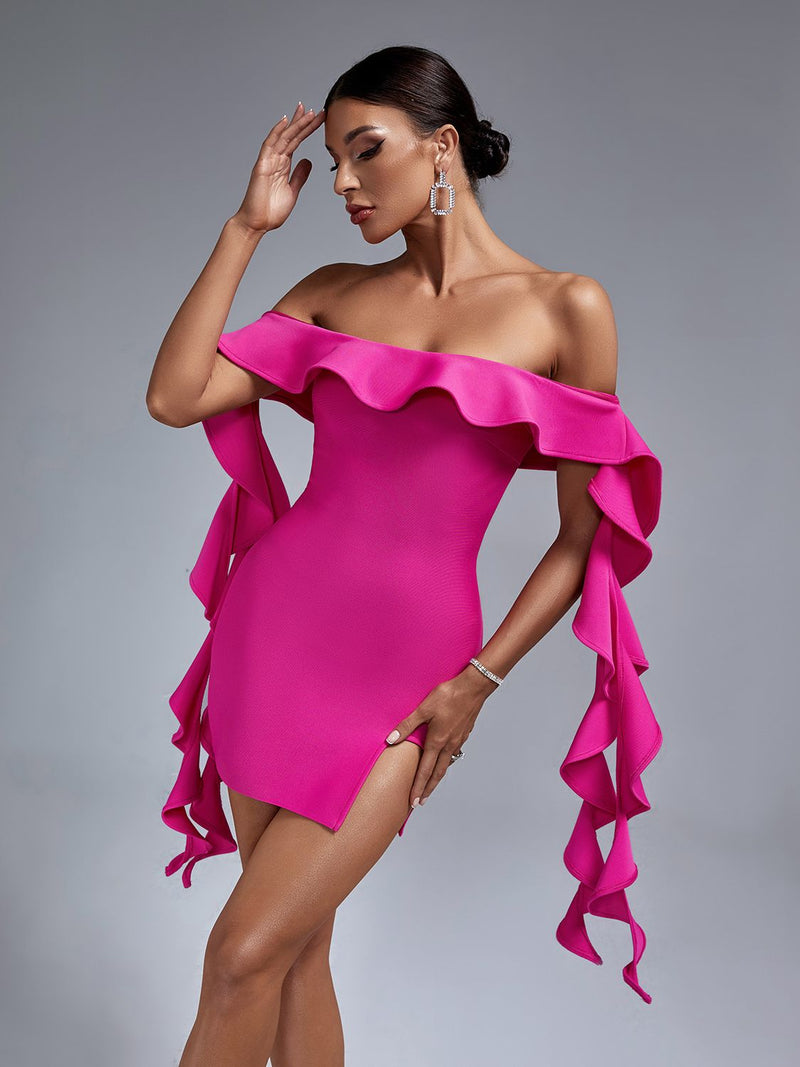 Gorgeous Ruffles Pink Off Shoulder Bodycon Dress, ibuyxi.com