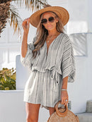 Striped Belted Surplice Neck Romper For Women Sexy Dolman Sleeve Short Playsuit One-piece 2023 Bodysuit Jumpsuit Overalls, ibuyxi.com