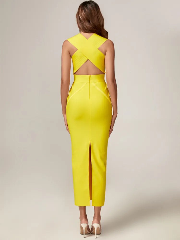 Elegant Yellow Deep V Neck Bandage Dress, ibuyxi.com