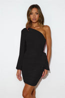 One Shoulder Backless Robe Two Layer Oblique Neck Ruched Mini Dress, ibuyxi.com