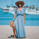 Orange Surplice Ruched Maxi Dress For Women Sexy Elasticized Waist Short Sleeve Long A-line Beach Dress 2023 Summer Sundress, ibuyxi.com
