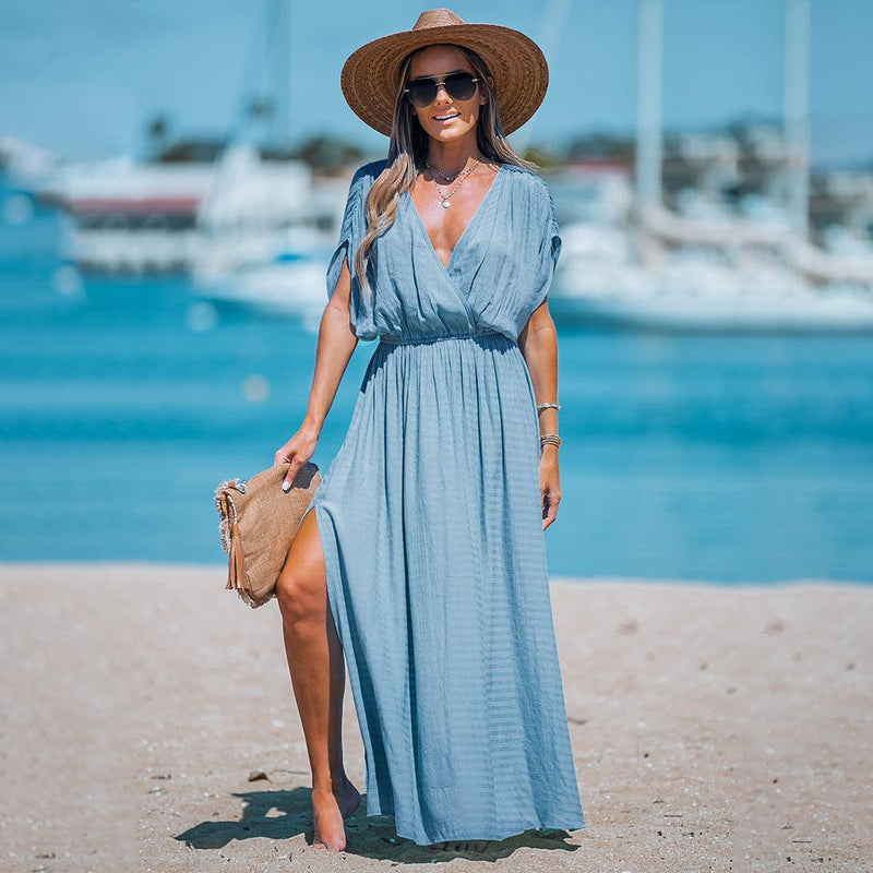 Surplice Ruched Elasticized Waist Short Sleeve A-Line Maxi Sundress | IBuyXi Teal / S Surplice Ruched Elasticized Waist Short Sleeve A-Line Maxi Sundress | IBuyXi Teal / S