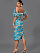 Blue Jacquard Bandage Midi Bodycon Dress, ibuyxi.com