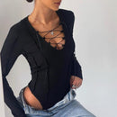 Bandage Tie Front Long Sleeve Ribbed Knit Solid Bodysuit, ibuyxi.com