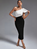 One Shoulder Maxi Bodycon Dress with Color Block, ibuyxi.com