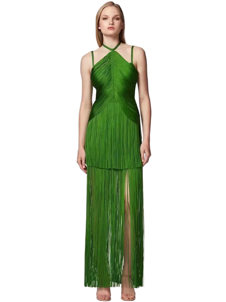 Backless Tassel Green Maxi Dress