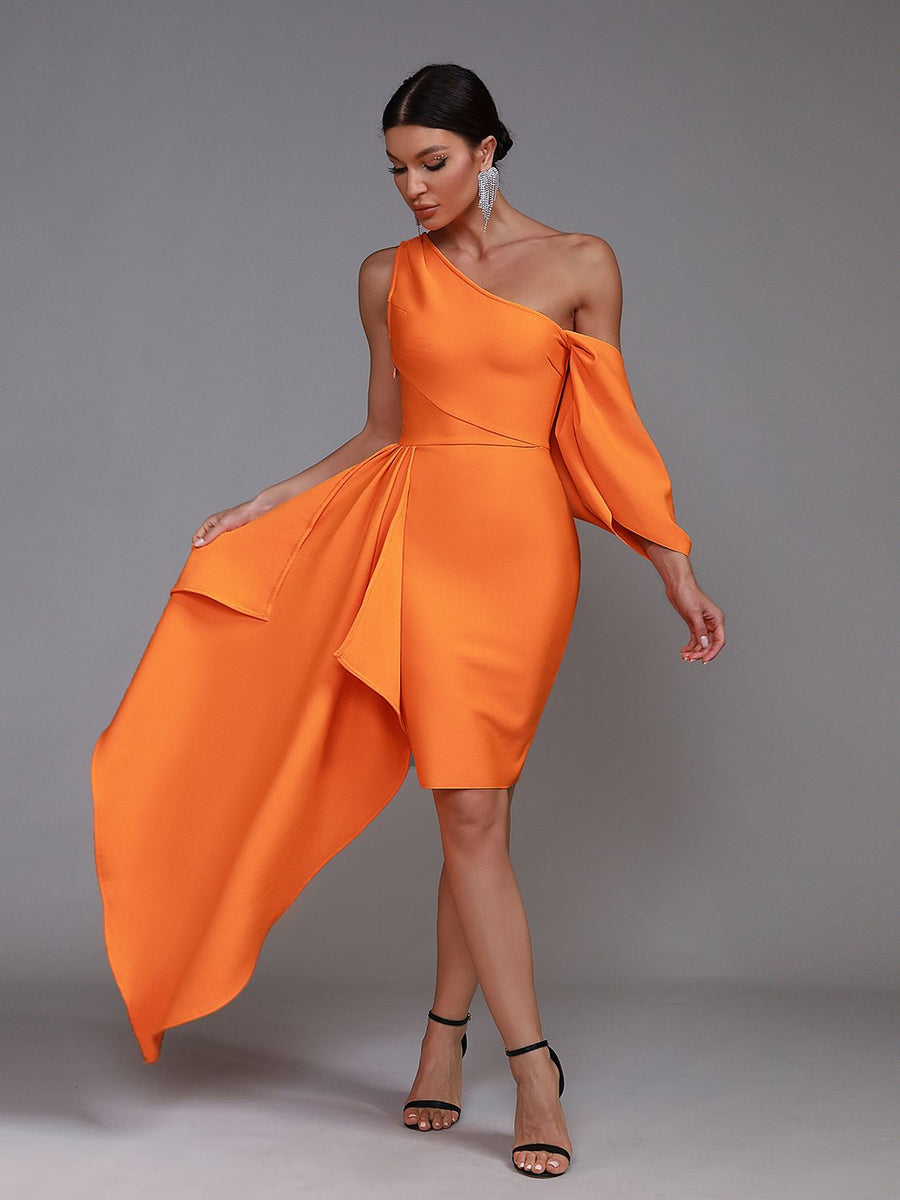 Bodycon Ruffle One Shoulder Orange Bandage Dress