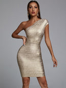 Elegant Metallic One Shoulder Mini Dress, ibuyxi.com