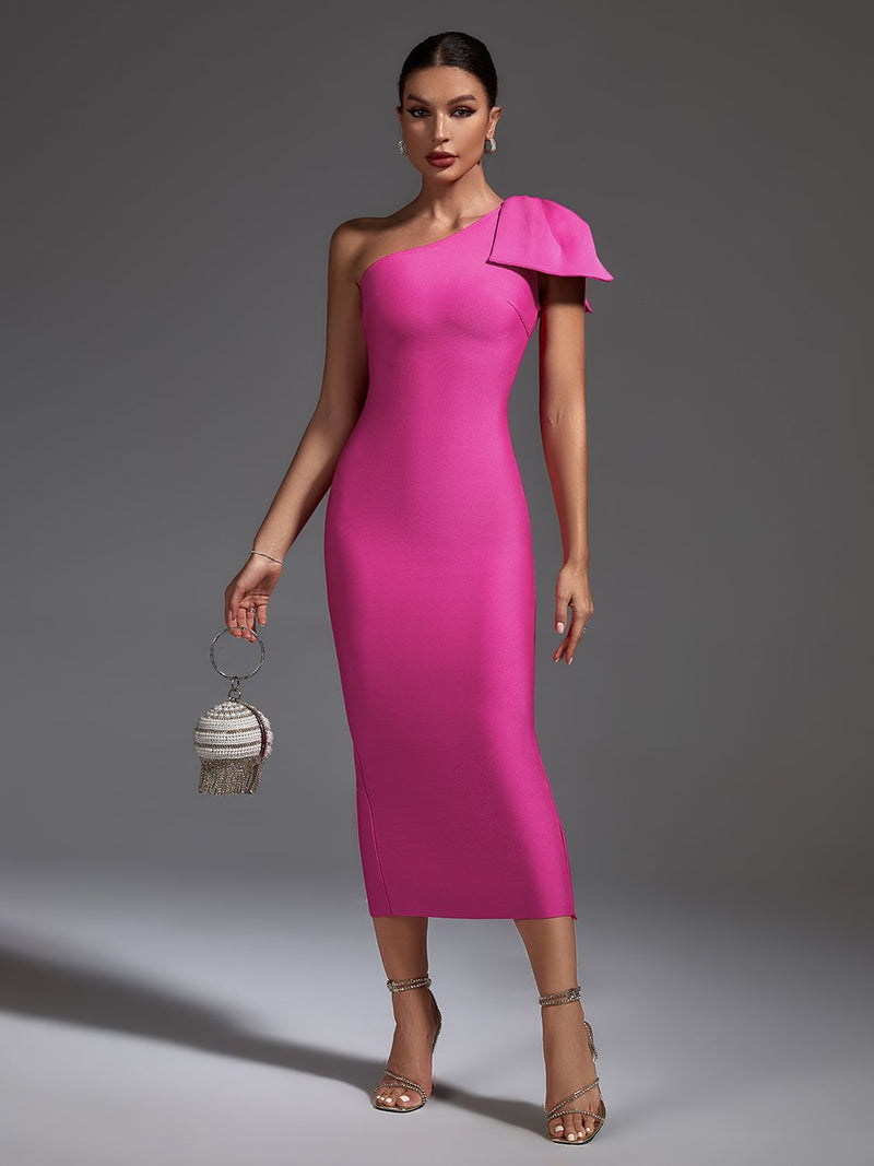 Elegant Ruffle Pink Bandage Midi Bodycon Dress, ibuyxi.com