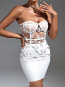 White Bodycon Feather Mini Strapless Dress, ibuyxi.com