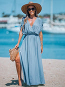 Orange Surplice Ruched Maxi Dress For Women Sexy Elasticized Waist Short Sleeve Long A-line Beach Dress 2023 Summer Sundress, ibuyxi.com
