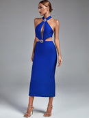 Blue Crystal Cut Out Bandage Outfit Runway, ibuyxi.com