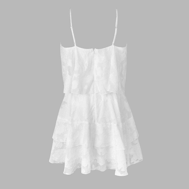 White Floral Jacquard Ruffled Mini Dress For Women Sexy Cami Straps Sleeveless Party A-line Dress 2023 Summer Female Dress, ibuyxi.com