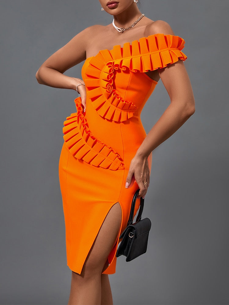 High Quality Orange Ruffle Bandage Dress, ibuyxi.com