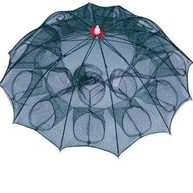 Fishing net with a red button on a white background