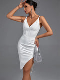 White Spaghetti Strap Draped Bodycon Dress, iBuyxi.com