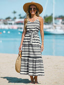 Geo Print Belted Maxi Dress For Women Sexy V-neck Spaghetti Straps Holiday Beach A-line Dress 2023 Summer Female Sundress, ibuyxi.com