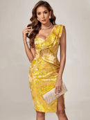 Yellow Jacquard One-Shoulder Ruffle Bodycon Party Dress
