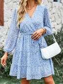 Blue Leopard Print V-neck Chiffon Mini Dress For Women Sexy Lace Up Short Sleeve A-line Dress 2023 Summer Female Dress, ibuyxi.com