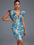 Blue Ruffle Jacquard Dress with Backless Midi, ibuyxi.com