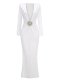 Deep V Neck Rhinestone Gowns Maxi Dress