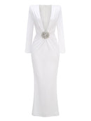 Deep V Neck Rhinestone Gowns Maxi Dress