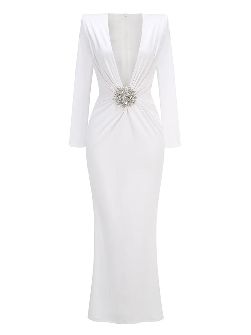 Deep V Neck Rhinestone Gowns Maxi Dress