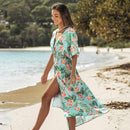 Green Tropical Floral Print Maxi Dress For Women Sexy V-neck Short Sleeve A-line Holiday Beach Dress Summer Female Sundress, ibuyxi.com