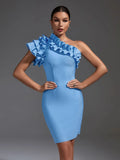 Elegant Blue Ruffle One Shoulder Bodycon Dress, ibuyxi.com
