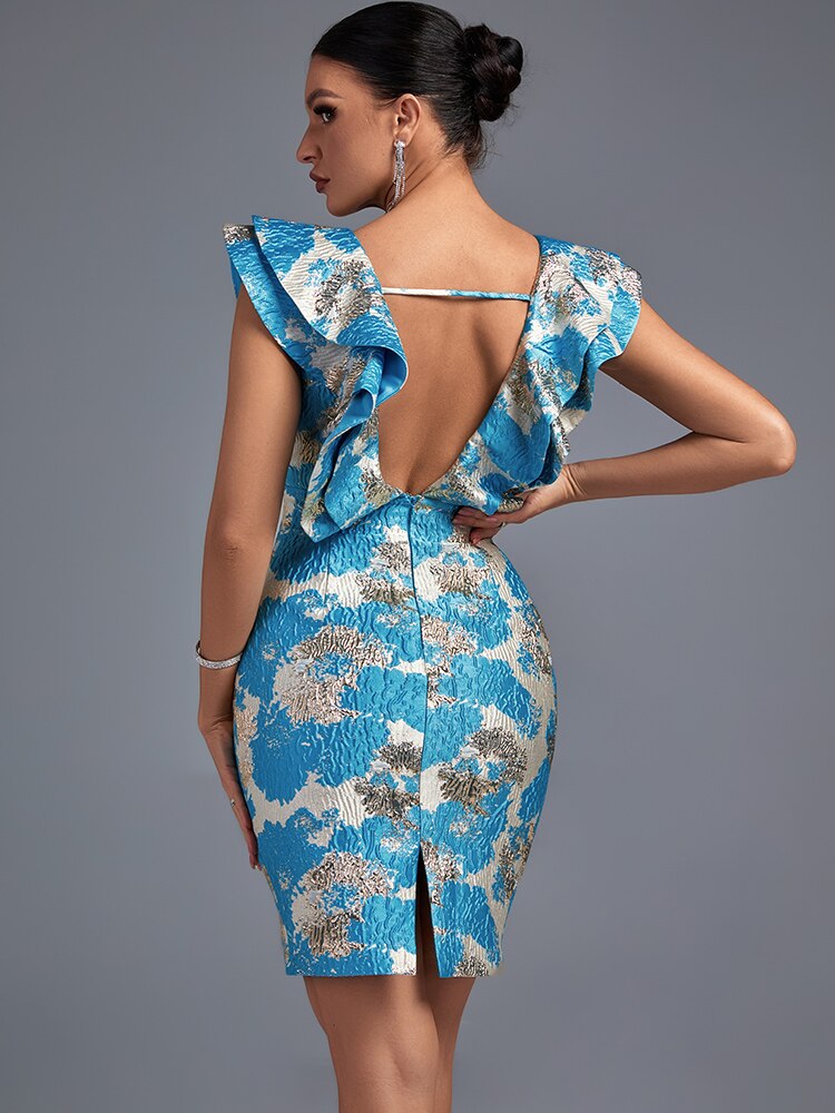 Blue Ruffle Jacquard Dress with Backless Midi, ibuyxi.com