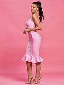 Spaghetti Strap Mermaid Bodycon Pink Ribbed Midi Evening Dress, iBuyXi.com
