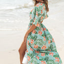 Green Tropical Floral Print Maxi Dress For Women Sexy V-neck Short Sleeve A-line Holiday Beach Dress Summer Female Sundress, ibuyxi.com