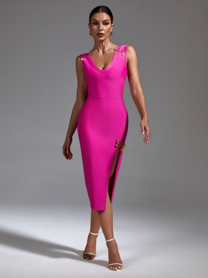 Pink Embellished High Split Bandage Dress, ibuyxi.com
