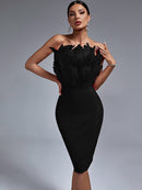 White Feather Strapless Midi Bandage Outfit, ibuyxi.com