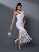 Ruffled White Long Bodycon Tassel Outfit, ibuyxi.com